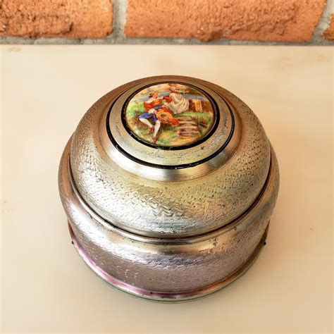 vintage metal and bead powder puff music box|vintage musical powder box.